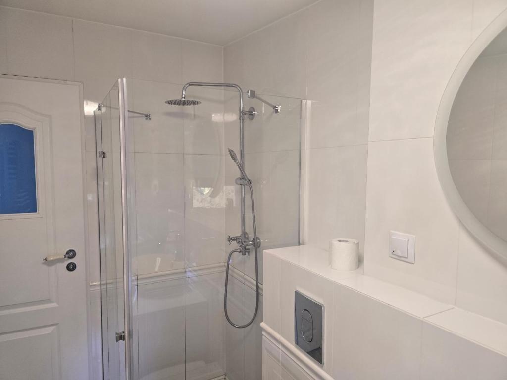 Apartament Centrum 2 Ustroń — prysznic z deszczownicą w jasnej łazience